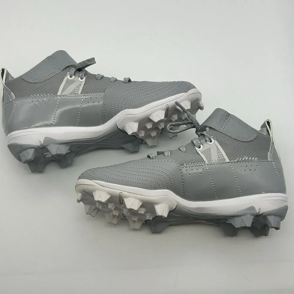 Under Armour Boys Baseball Cleats Gray White Mid Top Size 3.5Y Hook Loop